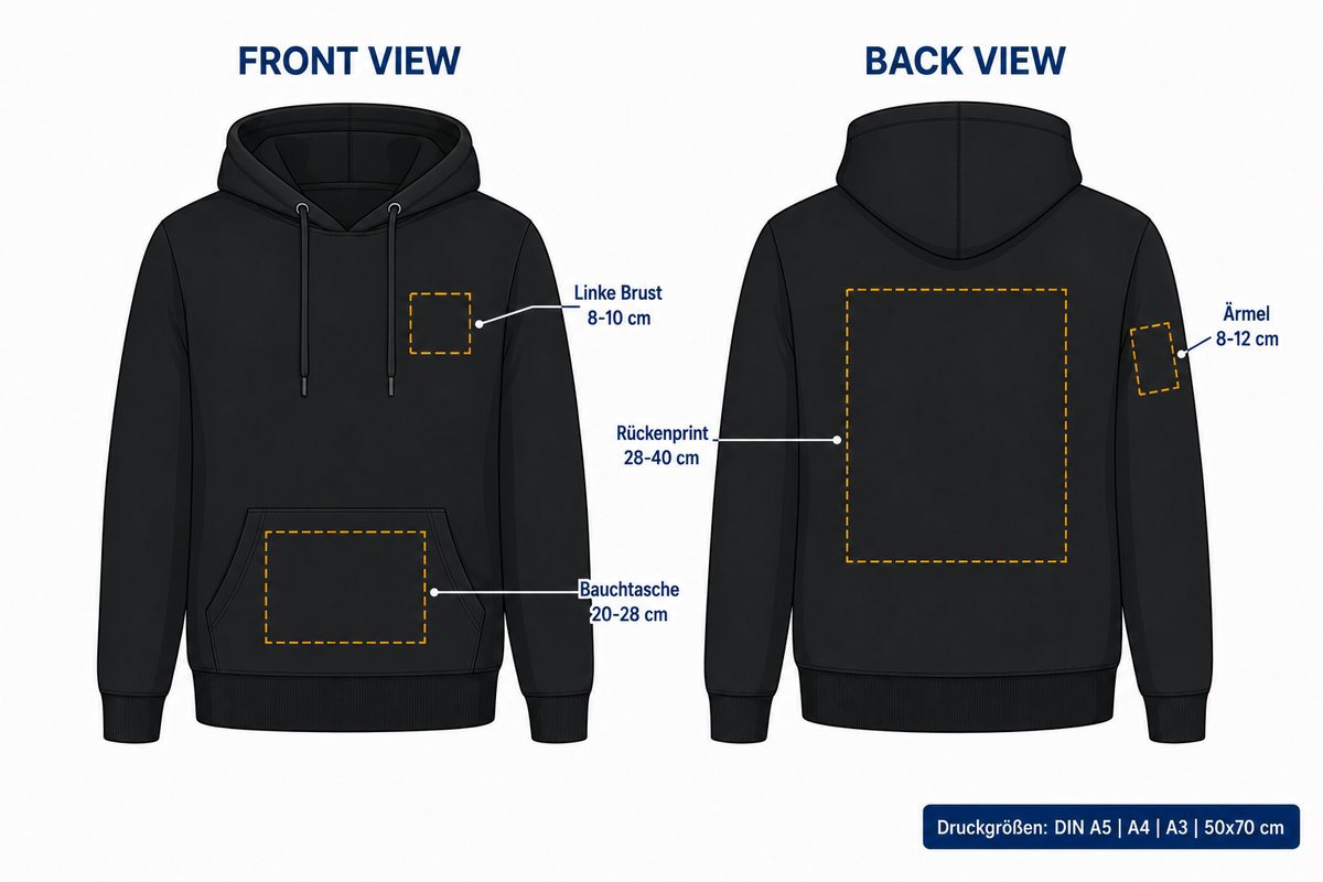 Hoodie B&C Druckpositionen – Linke Brust, Bauchtasche, Rückenprint und Ärmel mit Größenangaben in cm
