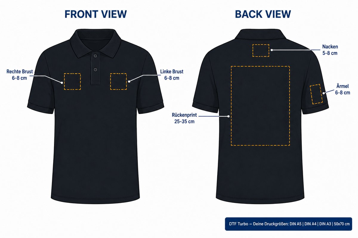 Poloshirt B&C Druckpositionen – Linke und rechte Brust, Nacken, Rückenprint und Ärmel mit Größenangaben in cm