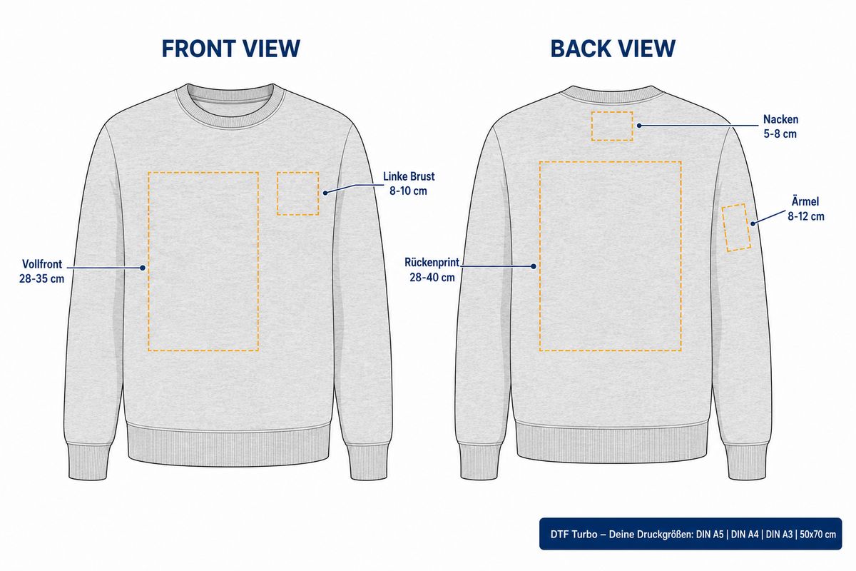 Pullover B&C Druckpositionen – Linke Brust, Vollfront, Nacken, Rückenprint und Ärmel mit Größenangaben in cm