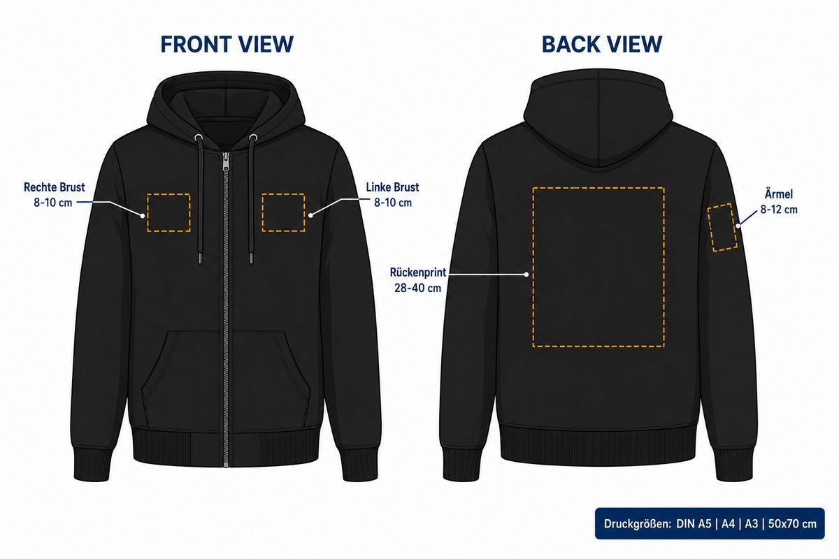 Zip-Hoodie B&C Druckpositionen – Linke und rechte Brust, Rückenprint und Ärmel mit Größenangaben in cm