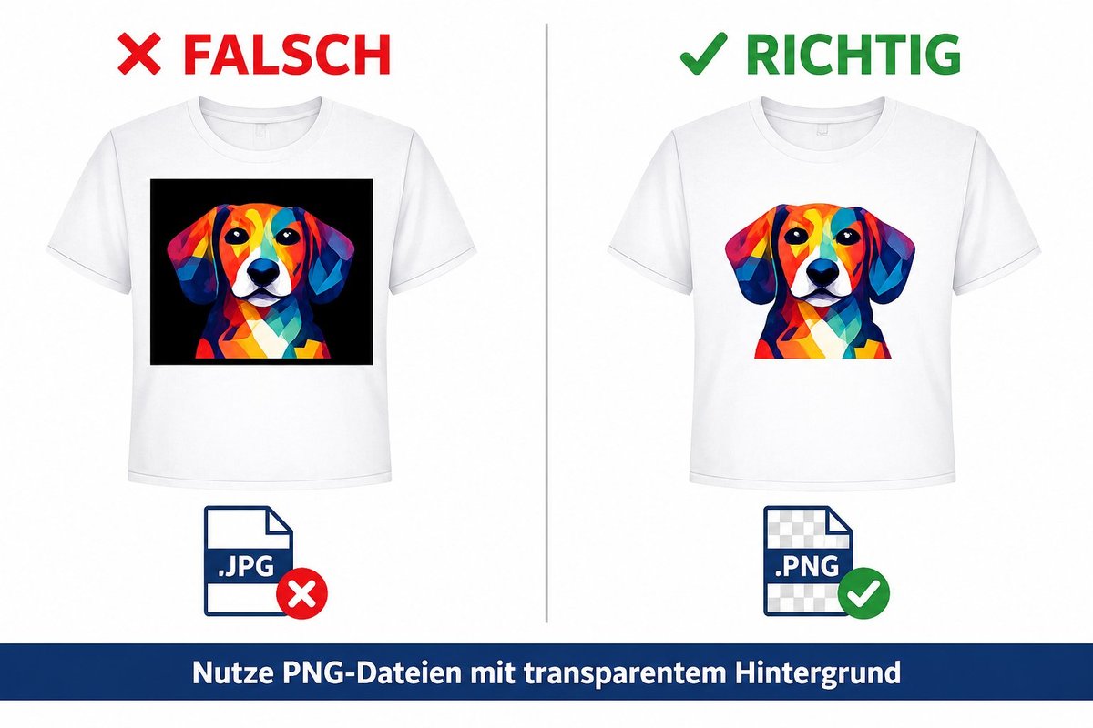Hinweisbild DTF Transfer: Links falsch mit JPG-Hintergrund auf dem T-Shirt, rechts richtig mit PNG und transparentem Hintergrund – nur das Motiv ist sichtbar