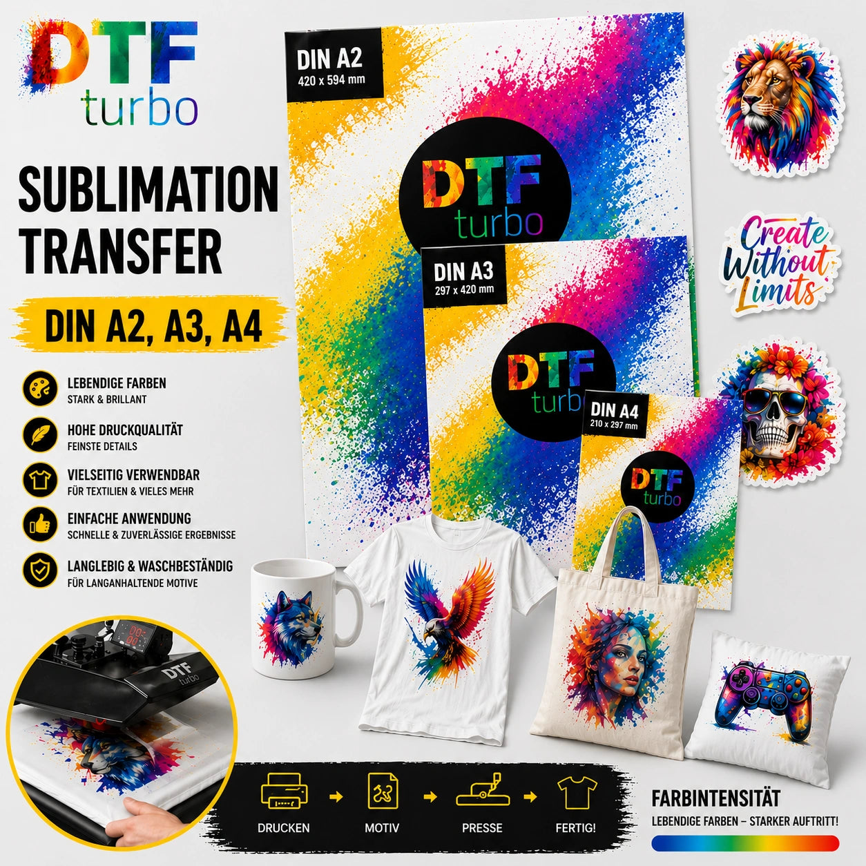 Sublimationsdruck DTF Turbo auf DIN A2 Transferpapier in freier Form, ideal für personalisierte Textilien und kreative Projekte