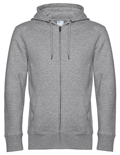 Schwarze Zip-Hoodie von B&C, ungefüllt oder mit DTF-Druck, aus weichem Stoff, mit Reißverschluss und Kapuze.