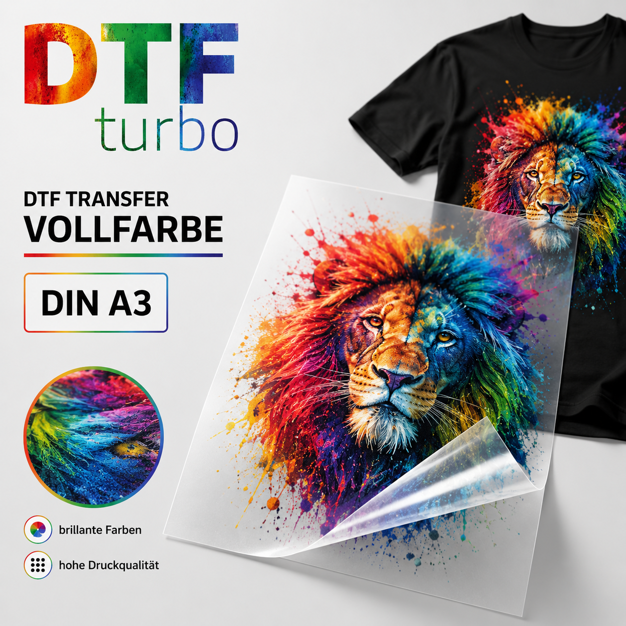 DTF Turbo Vollfarb- und Weißdruck-Transfer auf DIN A4, A3, A2 oder Meterware, farbige Drucke auf Transferpapier sichtbar