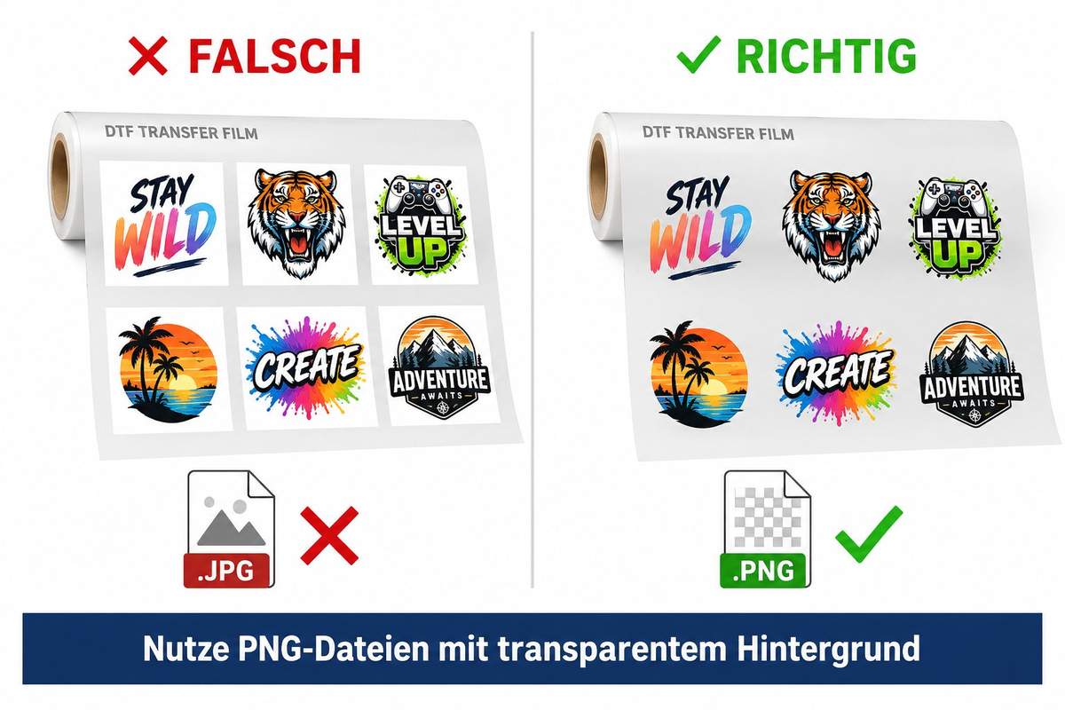 Hinweisbild DTF Meterware: Links falsch mit JPG-Hintergrund auf der Transferfolie, rechts richtig mit PNG und transparentem Hintergrund – Motive ohne weißen Rahmen