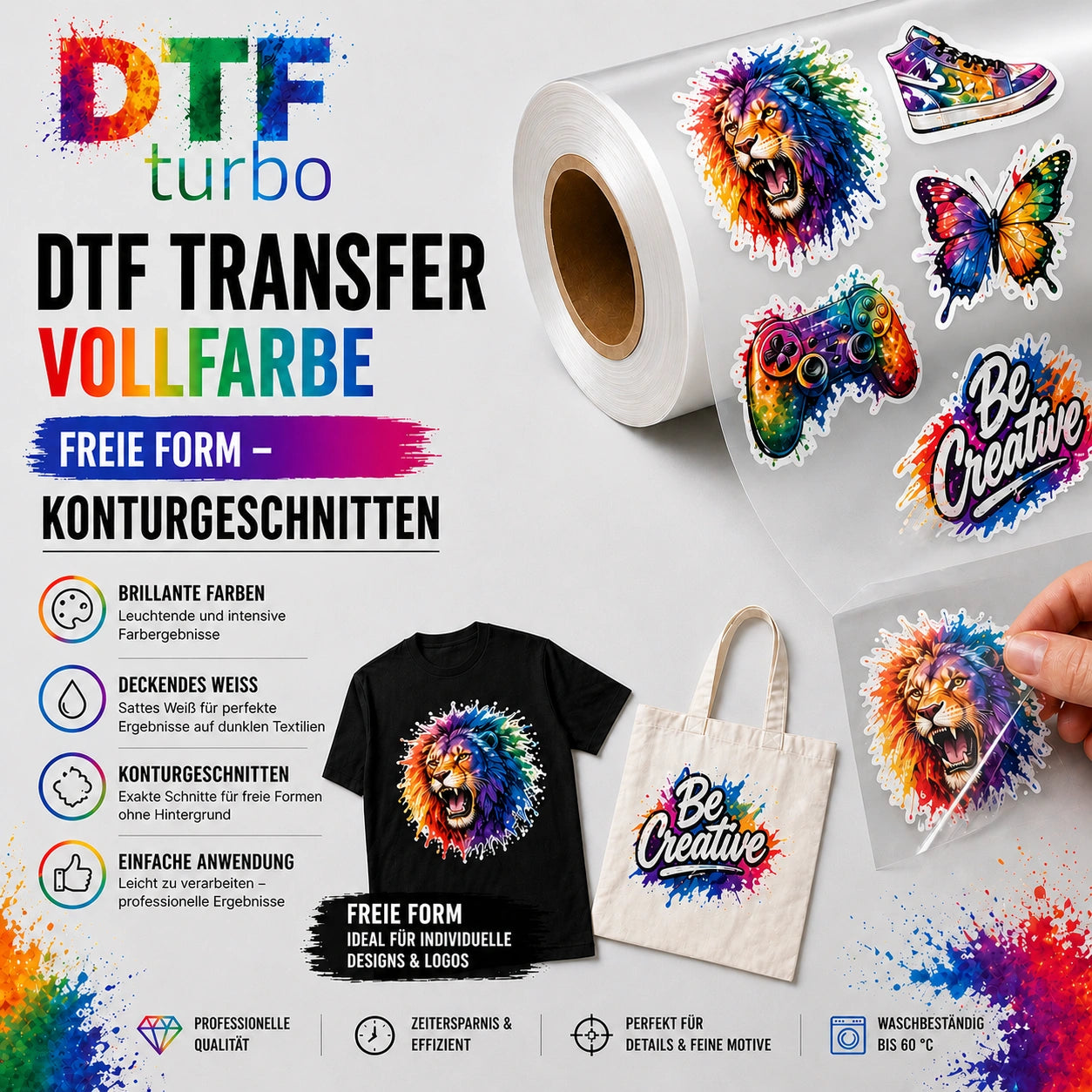 DTF Turbo DTF-Transferrolle mit Vollfarbe und Weißdruck, flexible Rolle für individuelle Textildrucke, Nahaufnahme