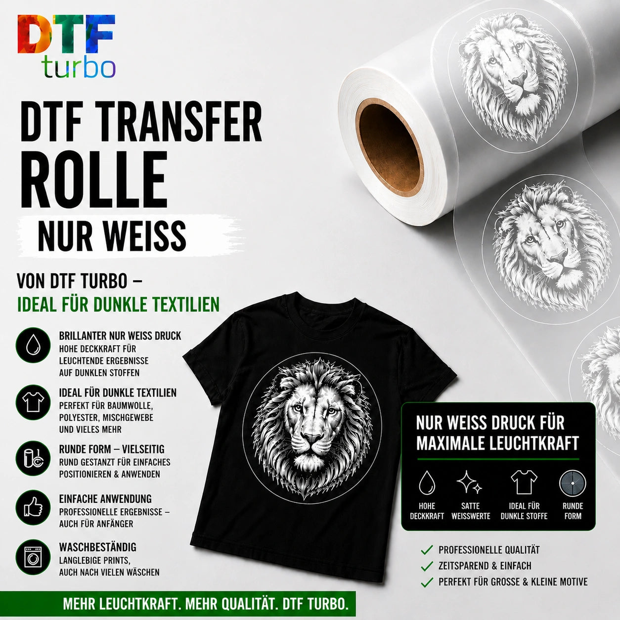 Runde DTF Turbo Transferrolle mit Vollfarbe und Weißdruck, ideal für hochwertige Textildrucke, auf weißem Hintergrund.