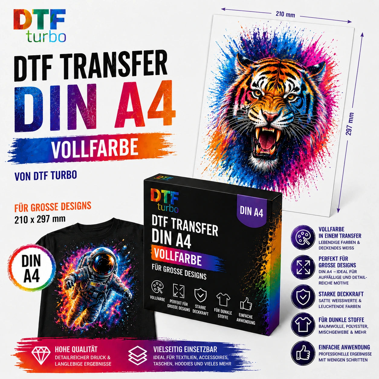 DTF Turbo Vollfarbe und Weißdruck Transfer in DIN A2, auf weißem Hintergrund, für Textilien und Oberflächen.