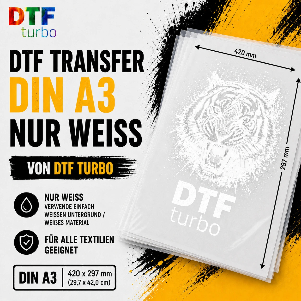 DTF Turbo Vollfarbe und Weißdruck DTF-Transfer auf DIN A3 Papier, für langlebige Textildrucke, detailreiche Farbdrucke