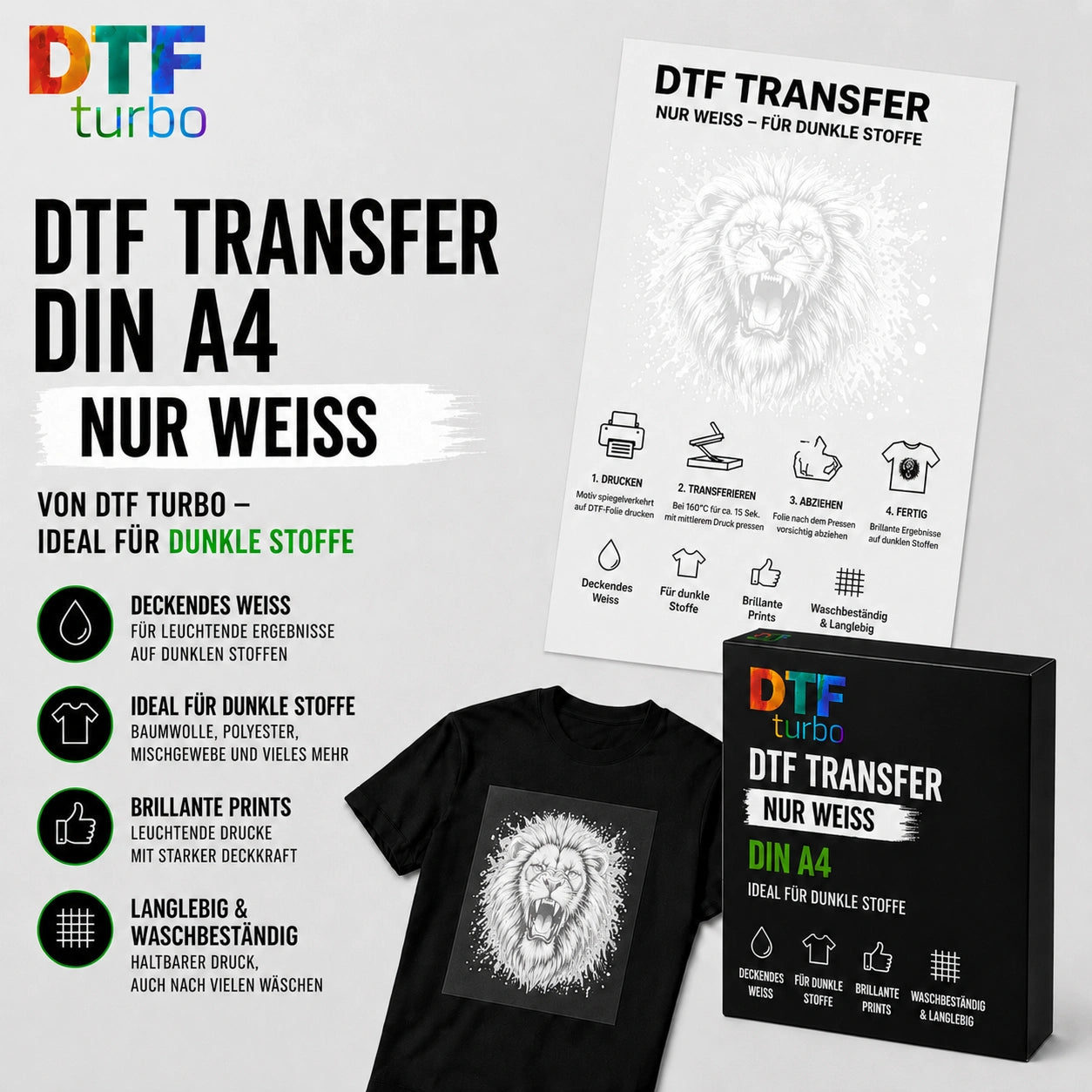 DTF Turbo Vollfarb- und Weißdruck Transfer auf DIN A4, A3, A2 oder Meterware, für Textildrucke, farbintensive Silhouetten.