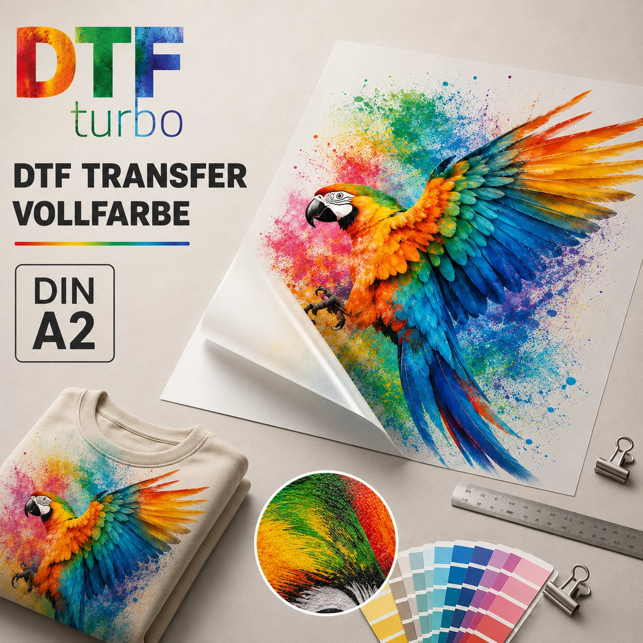 Vollfarbiger DTF Transfer von DTF Turbo auf DIN A2 Trägermaterial für langlebige Textildrucke, inklusive Weißdruck.