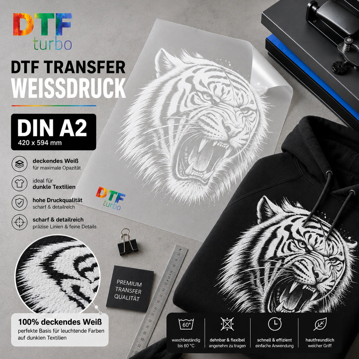 DTF Turbo Vollfarb- und Weißdruck Transfer in DIN A2, auf Stoff, mit farbenfrohem Design und weißem Druck, auf hochwertigem Material