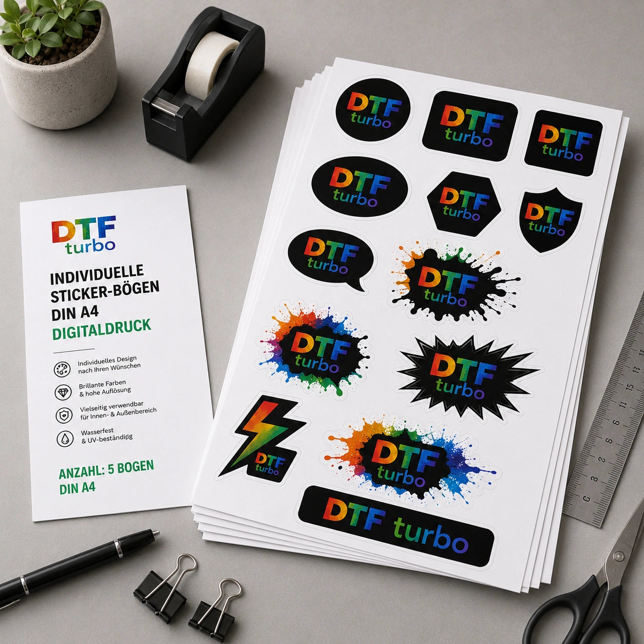 Individueller Sticker-Bogen im DIN A4-Format von DTF Turbo mit digitalen Druckmotiven auf weißem Papier.