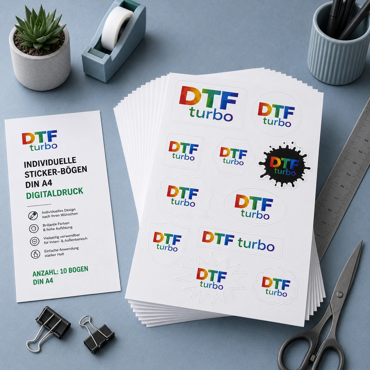 Individueller Sticker-Bogen im DIN A4-Format von DTF Turbo mit digital gedruckten, bunten Aufklebern auf weißem Hintergrund.