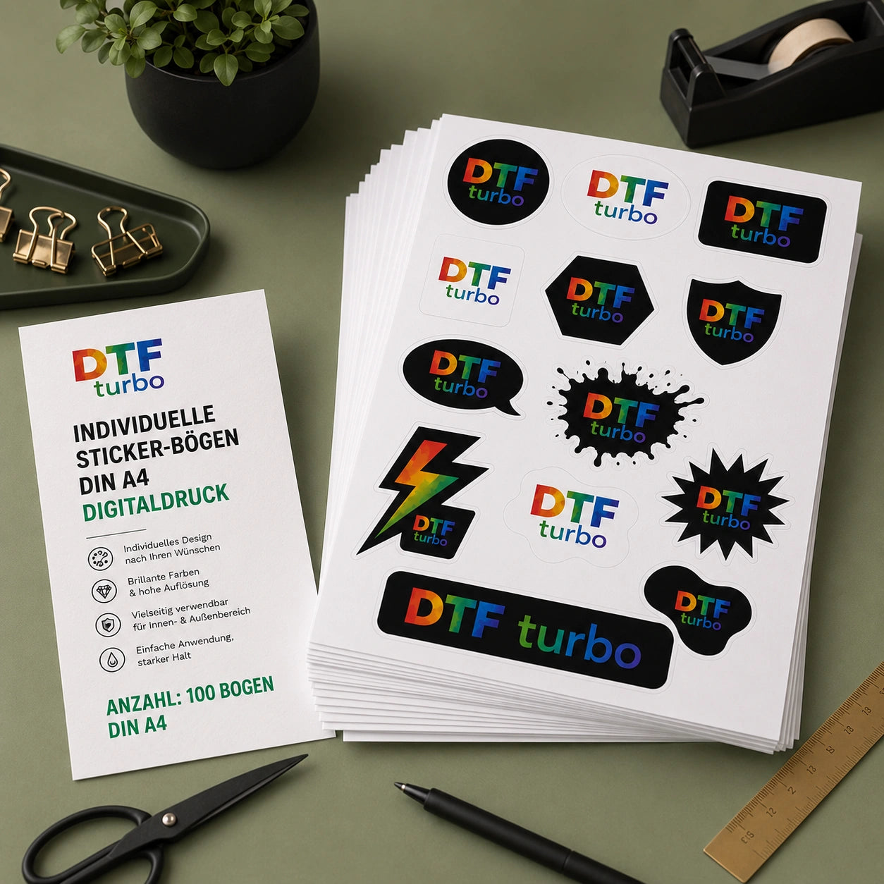 Individueller Sticker-Bogen im DIN A4-Format von DTF Turbo mit Digitaldruck, mehrere bunte Aufkleber auf weißem Papier.