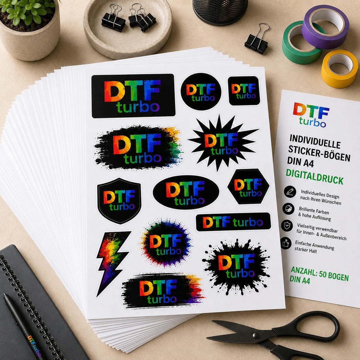 Individueller Sticker-Bogen im DIN A4-Format von DTF Turbo, digitalbedruckt mit bunten, maßgeschneiderten Aufklebern.
