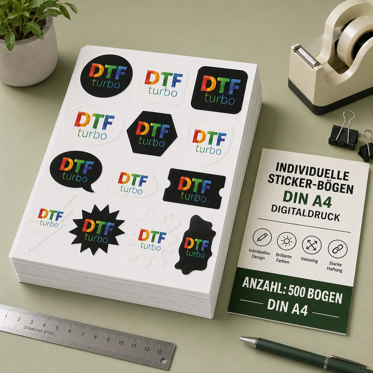 Individueller Sticker-Bogen im DIN A4-Format von DTF Turbo, digitaldruck, mit bunten, selbst gestalteten Aufklebern auf weißem Hintergrund.