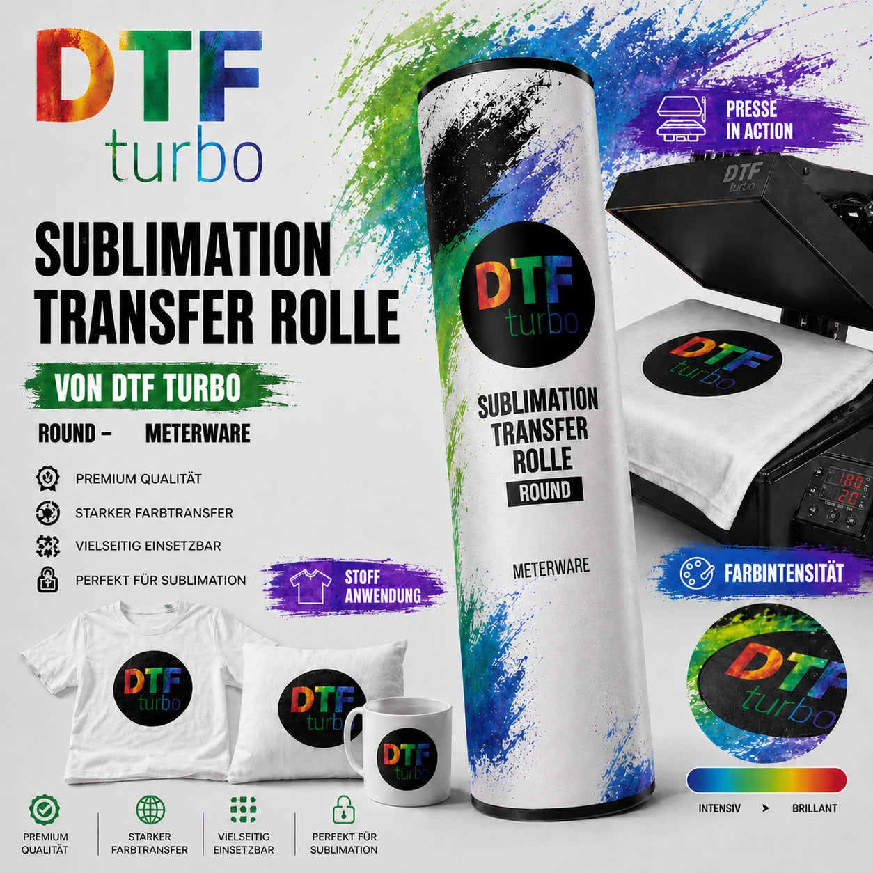 Druckübertragung bei DTF Turbo, A4, A3, A2 oder Meterware, mit runder Rolle und hochwertigem Sublimationsmaterial