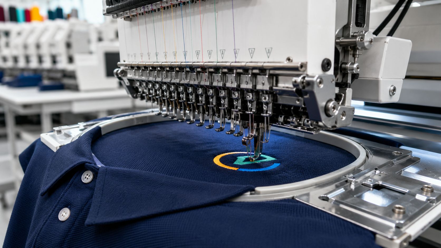 Stickmaschine stickt Logo auf navyblaues Poloshirt – professionelle Stickerei bei DTF Turbo