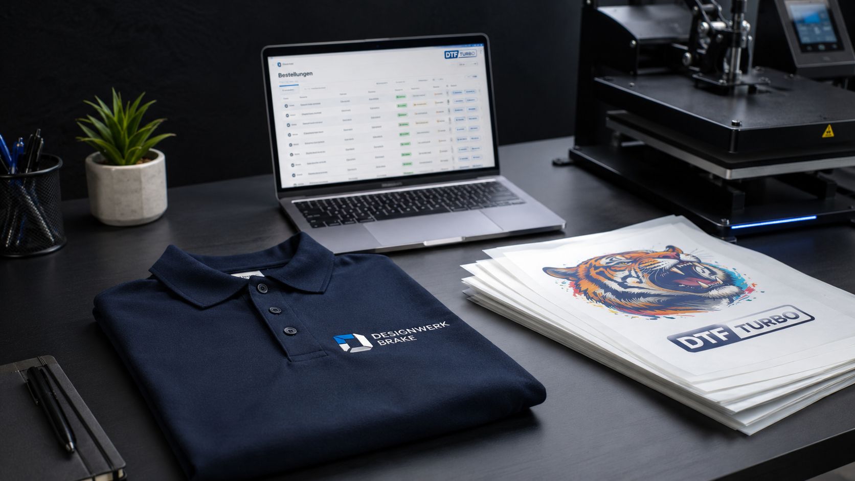 B2B-Geschäftskunden bei DTF Turbo – Poloshirt mit Firmenlogo und DTF Transfers auf Bürotisch
