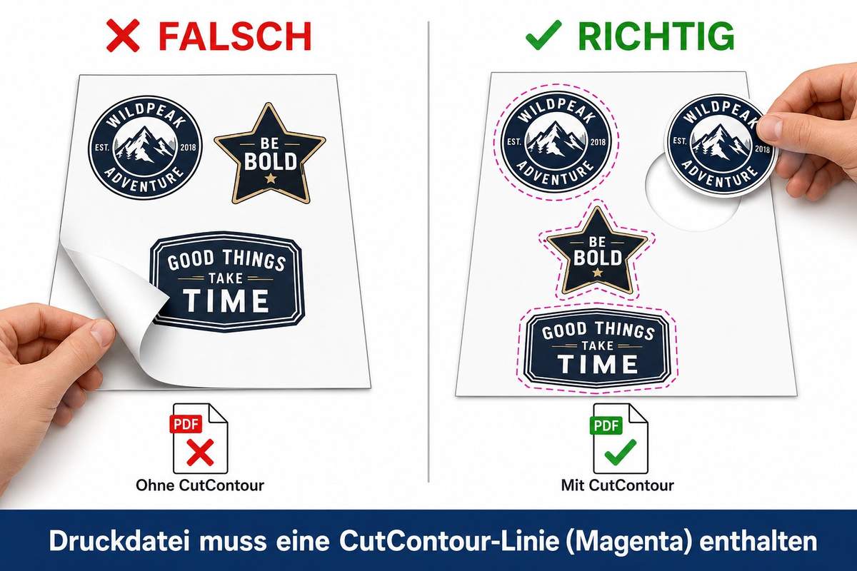 Hinweisbild Stickerbögen: Links falsch ohne CutContour als ein großer Sticker, rechts richtig mit Magenta CutContour-Linie für einzeln ablösbare Sticker
